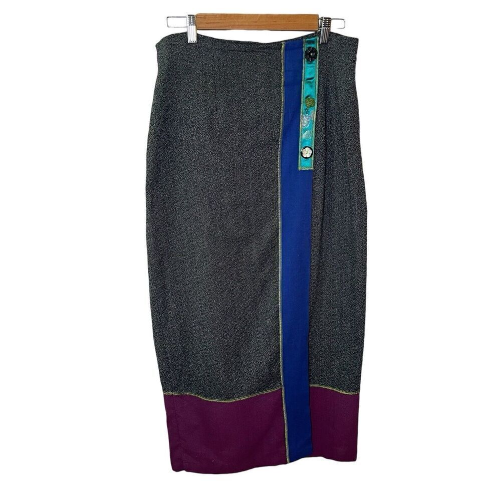 Vintage SZ L Midi Pencil Skirt Boho Colorful Artsy Colorblock Wrap Patchwork 90s